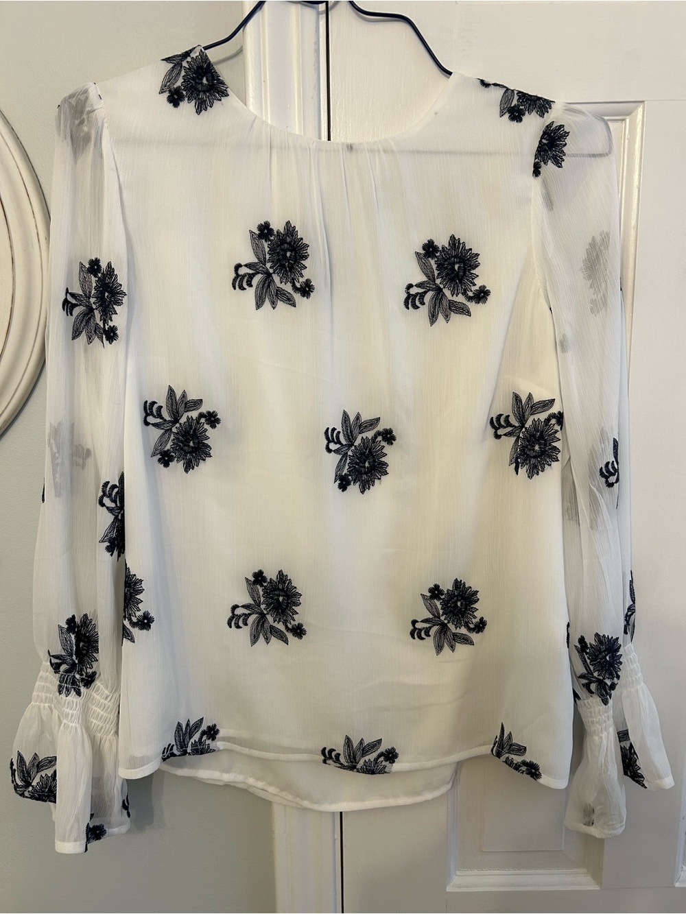 CeCe White Sheer Blouse with Black Floral Embroidery